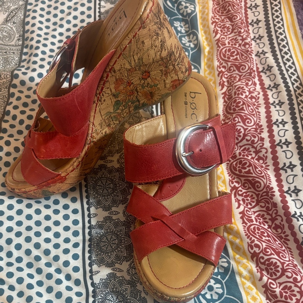 b.o.c. Red Leather Wedge Sandals